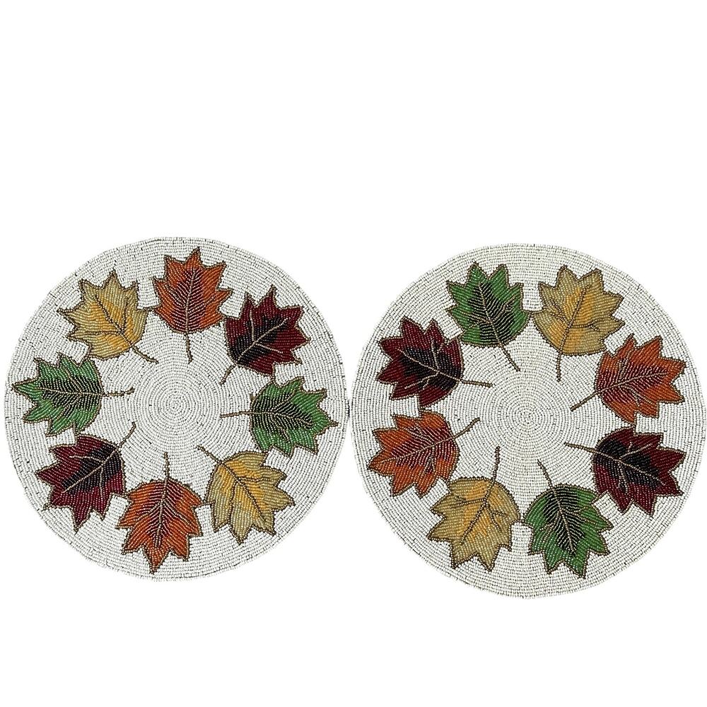2pc NICOLE MILLER Beaded Fall Leaves 15in Round Placemat Charger Multicolor NEW